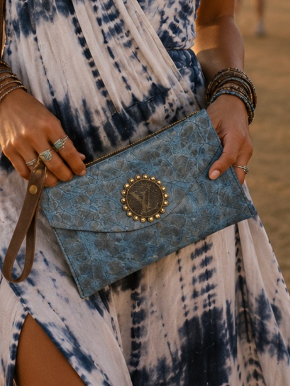 Keep it Gypsy Blue Leather Wristlet Clutch with Decorative Gold Emblem-NWOT